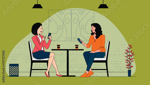 Two Woman Lady Friends Having Coffee at Café Cake Pastry Shop vector Illustration