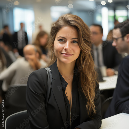a realistic photo focusing on a happy, seated businesswoman who is in a meeting with other people. 
