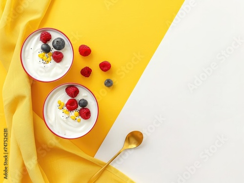 Bowls with yogurt and berries  spoon and towel on minimalist background