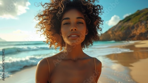 African American young woman walking on sandy beach on seashore. Generative AI.