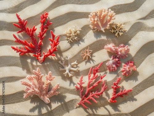 Red coral on white sand with light shining on it