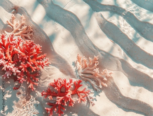Natural Red Corals Composition on beach sand background