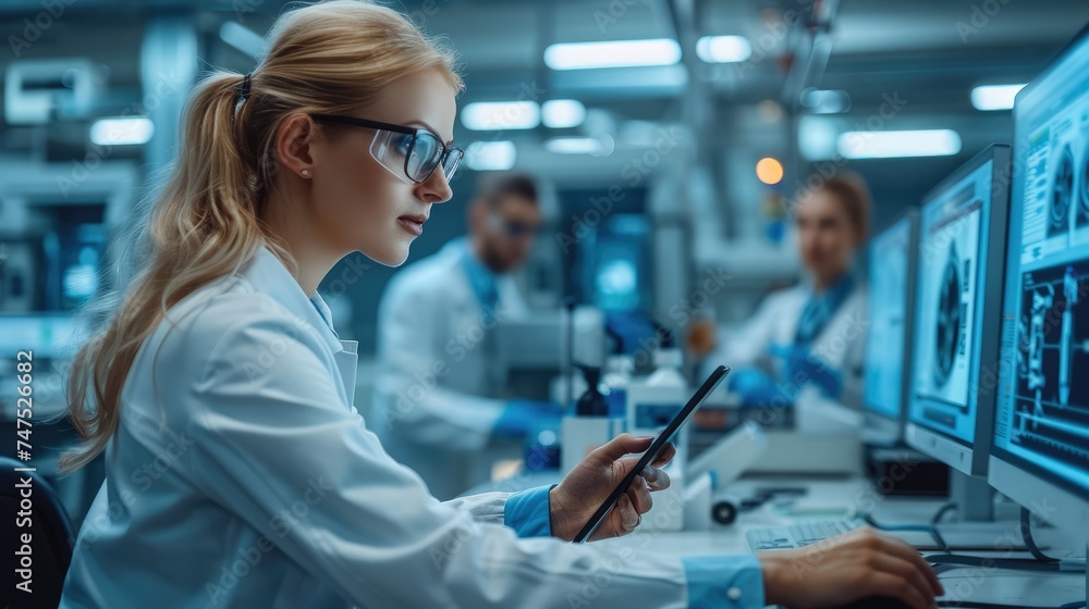 Facility Female Manager Talks Team of Industrial Engineers Developers Work on Engine Design Using Computers. Generative AI. Facility Female Manager Talks Team of Industrial Engineers Developers Work on Engine Design Using Computers. Generative AI.
