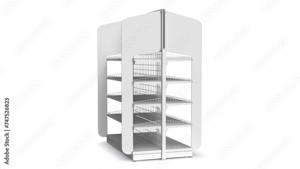 Rotating white empty retail rack made of metal mesh with topper and stoppers for advertising and products. 3d animation loop on white background Rotating white empty retail rack made of metal mesh with topper and stoppers for advertising and products. 3d animation loop on white background