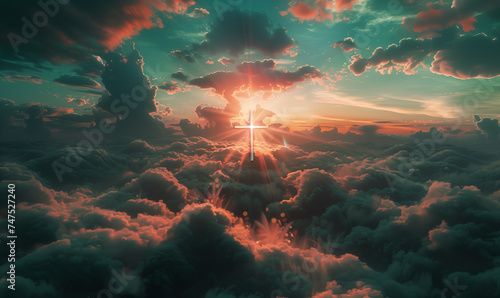 Divine Light and Colors: Photorealistic Crosses Amidst Clouds in Vibrant Pastoral Scenes