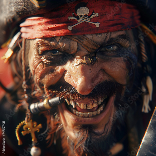 A cinematic close up of a pirates sneer a cutlass clenched between teeth the blurred Jolly Roger flag waving in the background photo