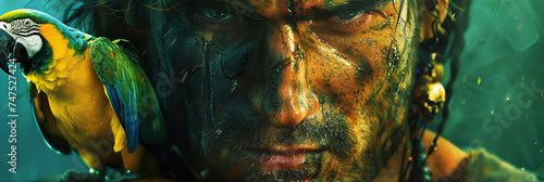 A close up film like view of a pirates scarred face parrot perched on the shoulder with the distant sparkle of treasure in the eyes
