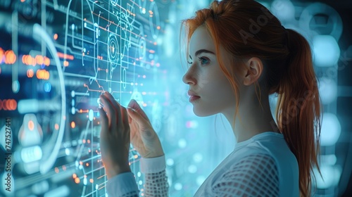 Female developer working with data processing in the future. Generative AI.