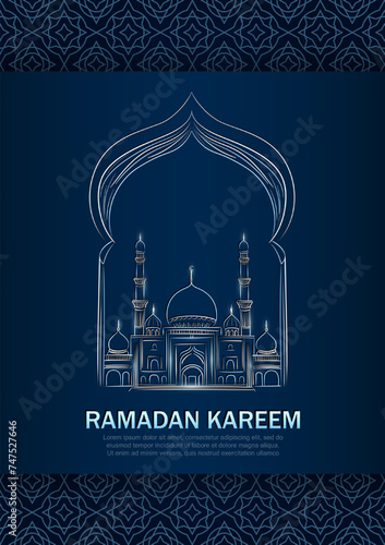 Eid Mubarak greeting card with hand drawn linear Mosque on dark blue background with Arabic pattern frame. Vector banner with silver outline Masjid and Muslim arch. Ramadan Kareem vertical poster