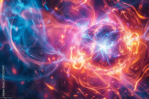 A hyper detailed visualization of fusion reactions occurring at the core of an energy sphere with plasma streams intertwining in a dance of atomic power photo