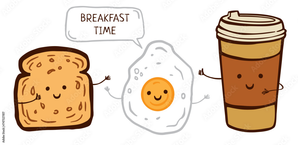 Breakfast time poster with fried egg, cup of coffee away, toast funny characters. Cartoon illustration for greeting card, poster, sticker, t-shirt print, menu, cookbook, recipe design