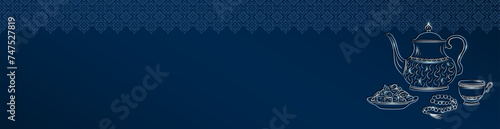 Eid Mubarak panoramic banner with hand drawn linear silver antique Arabic kettle, teacup, Muslim rosary praying beads and dates in bowl as a dish for Iftar. Ramadan Kareem blue header with copy space