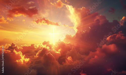 Divine Light and Colors: Photorealistic Crosses Amidst Clouds in Vibrant Pastoral Scenes