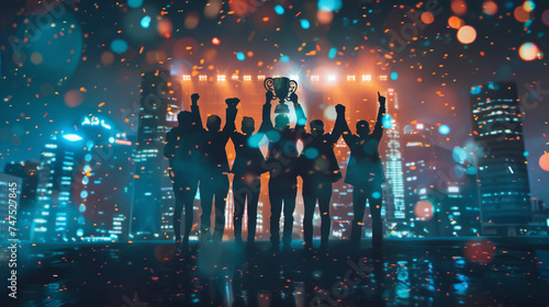 A victorious business team standing in a victory pose holding a trophy high above their heads symbolizing their corporate success under the glow of celebratory confetti © Thanaphon