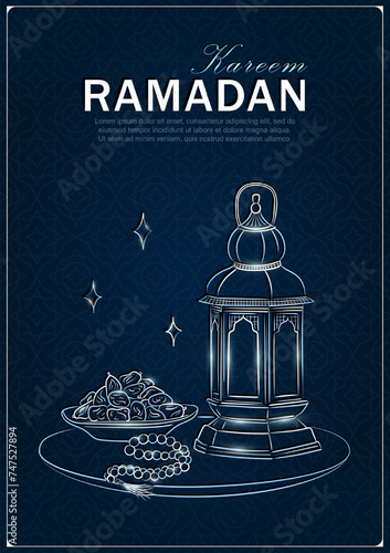 Ramadan Kareem greeting card with hand drawn linear silver Arabic lantern, Muslim rosary praying beads and dates in a bowl as a dish for Iftar. Dark blue poster with arabesque pattern for Eid Mubarak
