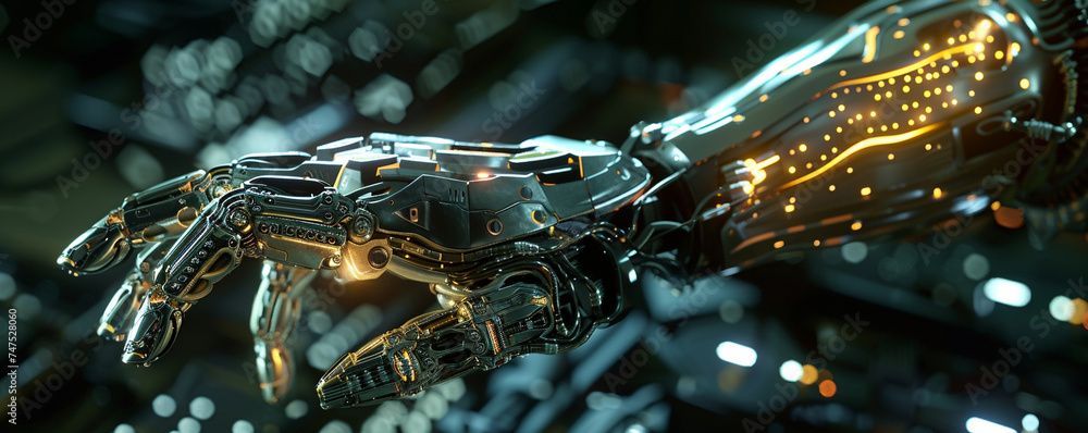 Cybernetic arm interfacing with a complex CPU illuminated by pulsating lines of code transfer Cybernetic arm interfacing with a complex CPU illuminated by pulsating lines of code transfer