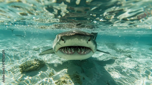 Close up of a sharks open mouth showcasing razor sharp teeth ready for its next meal in crystal clear waters