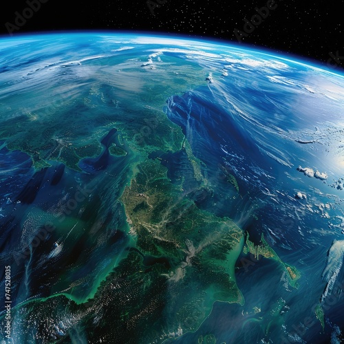 Close up of Earth from space showcasing the vibrant blues and greens of natural ecosystems against urban expanses