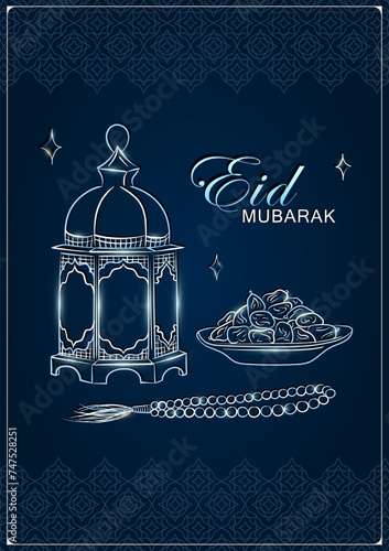 Ramadan Kareem greeting card with hand drawn linear silver Arabic lantern, Muslim rosary praying beads and dates in a bowl as a dish for Iftar. Dark blue poster with arabesque pattern for Eid Mubarak