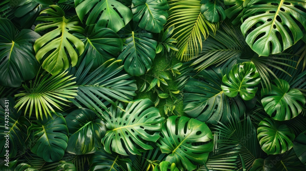 Abstract background of green palm leaves, flat lay Abstract background of green palm leaves, flat lay
