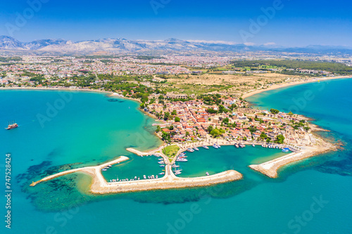 Fototapeta Naklejka Na Ścianę i Meble -  Aerial top drone view of ancient Side town, Antalya Province in Turkey