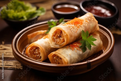Macro detail close-up photography of a delicious spring rolls in a clay dish against a natural linen fabric background. AI Generation