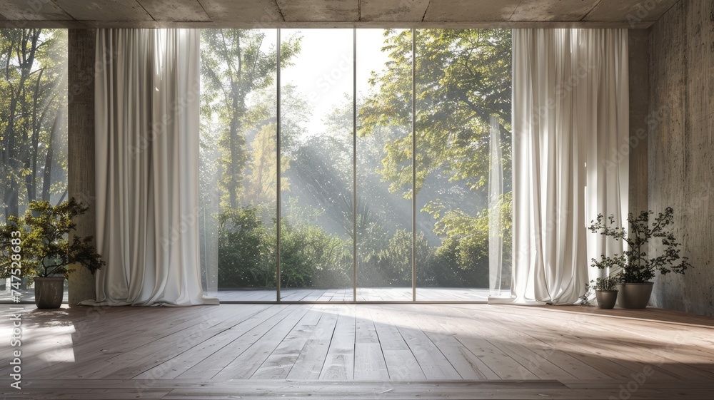 Fototapeta premium a spacious and bright room with a floor perspective, featuring an open large window adorned with curtains, inviting natural light to fill the space.