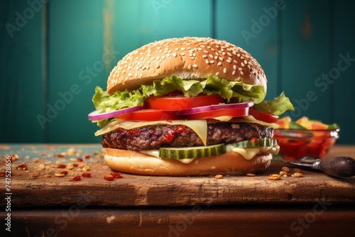 Natural light close-up photography of a tasty burguer on a rustic plate against a pastel painted wood background. AI Generation