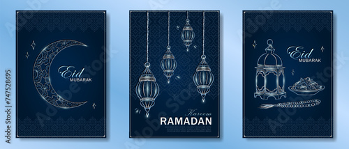 Set of dark blue Ramadan Kareem vertical greeting cards with hand drawn linear silver crescent moon, Arabic lanterns, dates, Muslim rosary praying beads. Template of Eid Mubarak outline banners