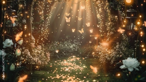 Backdrop composition with green enchanted forest entrance, golden sparkles everywhere, white peonies garland. Generative AI. © visoot