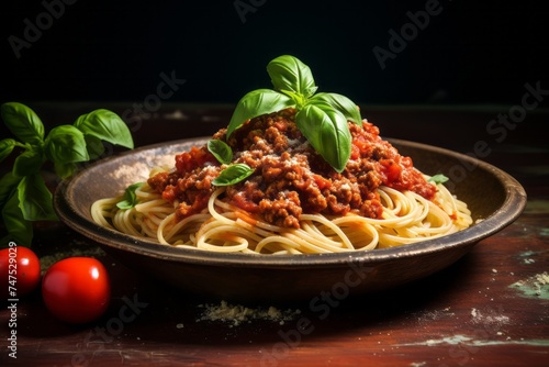 Highly detailed close-up photography of an hearty spaghetti bolognese on a metal tray against a pastel painted wood background. AI Generation