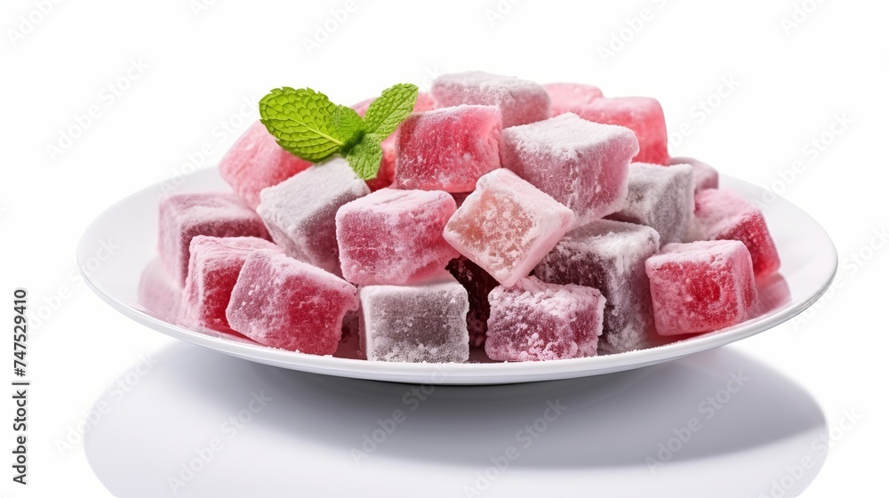 Turkish delight on authentic plate isolated on white background Turkish delight on authentic plate isolated on white background