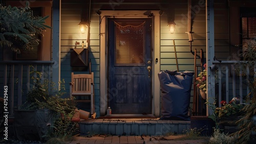 a simple, well-lit front porch featuring a navy blue fabric laundry bag, symbolizing cleanliness and organization in everyday life.