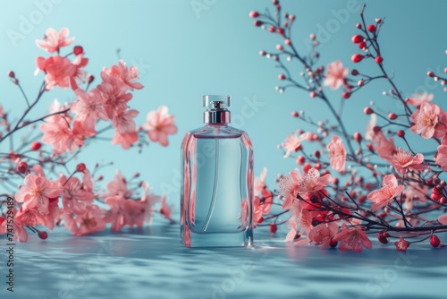 a bottle filled with perfume and flowers arranged on a blue background