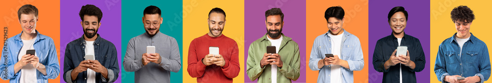 Series of eight women of diverse ethnicities happily using their smartphones Series of eight women of diverse ethnicities happily using their smartphones