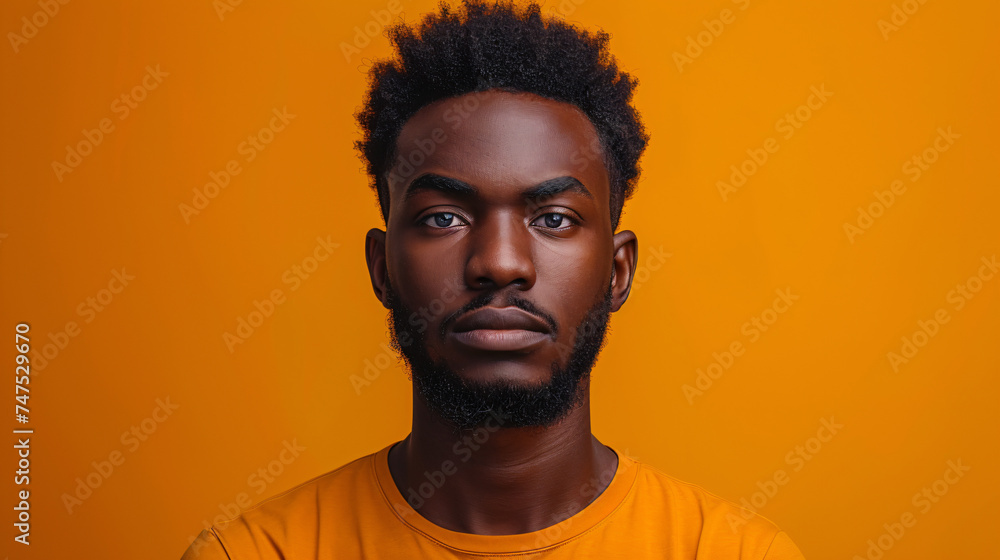 Obraz premium Portrait of a confused puzzled minded African American man in orange top isolated on orange background,