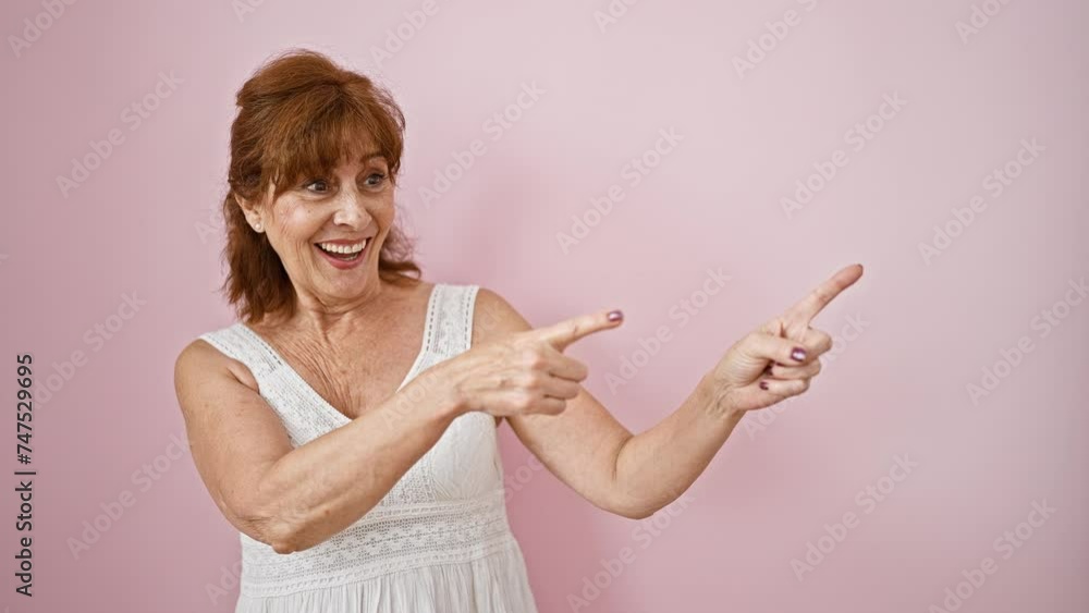 Cheerful middle-aged lady in dress, trustingly points and smiles at camera against pink wall Cheerful middle-aged lady in dress, trustingly points and smiles at camera against pink wall