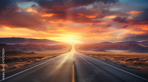 American road at sunset, USA route at evening, moody sky concept art