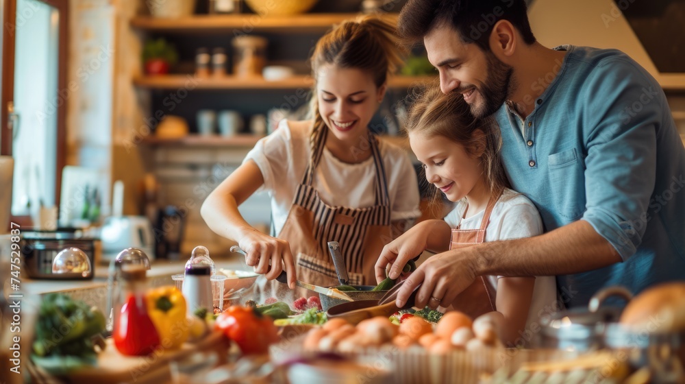A family is happily cooking and bonding in the kitchen, sharing natural foods and ingredients, while enjoying leisure time together. AIG41
