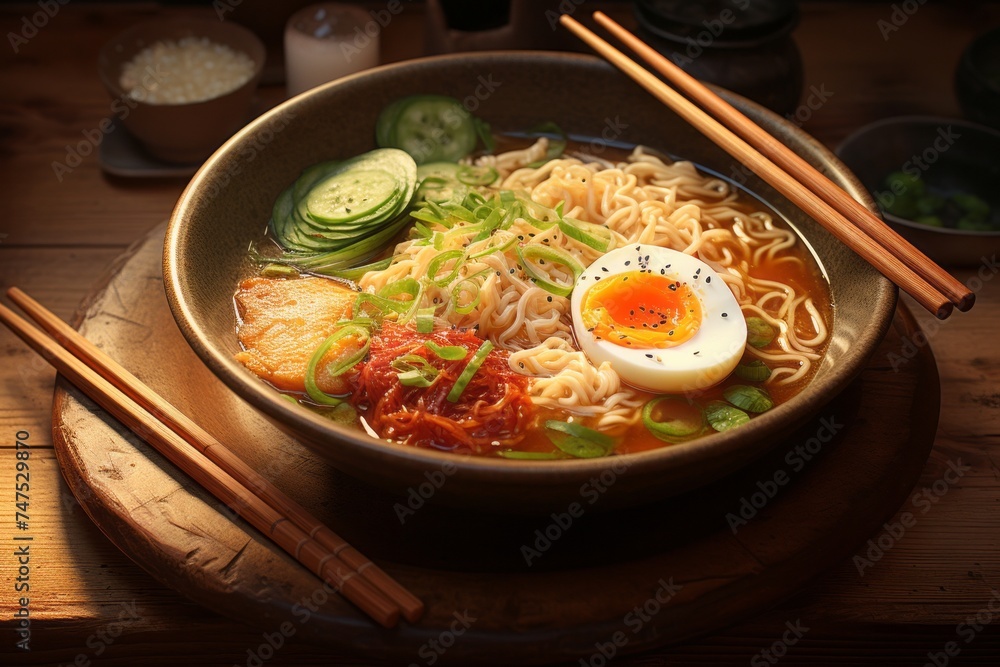 Highly detailed close-up photography of an exquisite ramen on a rustic plate against a pastel painted wood background. AI Generation Highly detailed close-up photography of an exquisite ramen on a rustic plate against a pastel painted wood background. AI Generation