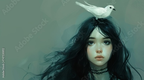 girl with a white bird on her head illustration.