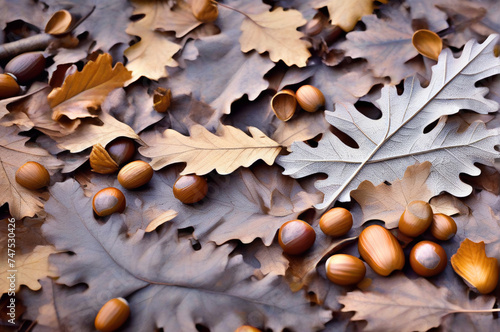 abstract background, oak leaves, acorns, forest, ground, autumn