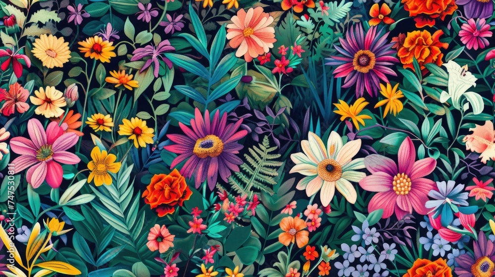 vibrant and colorful flowers and leaves, seamlessly repeating to create an eye-catching and intricate design. SEAMLESS PATTERN. vibrant and colorful flowers and leaves, seamlessly repeating to create an eye-catching and intricate design. SEAMLESS PATTERN.