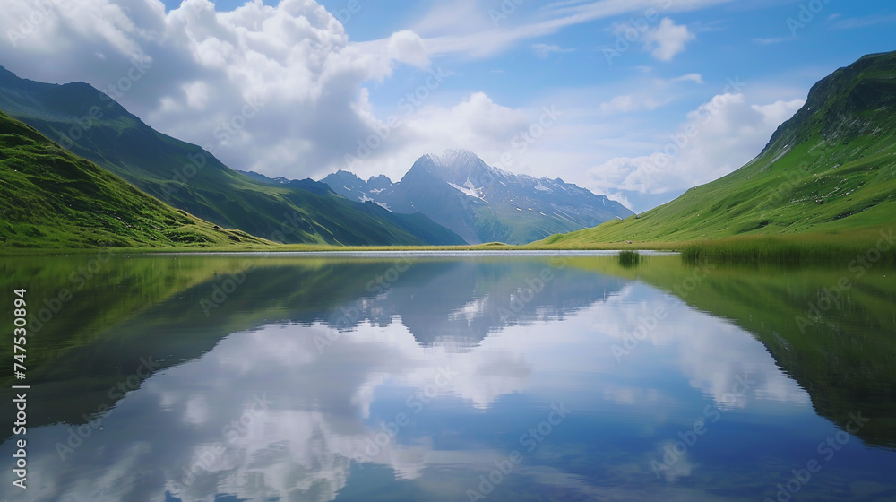Beautiful landscape with mountains and lake. Travel concept.