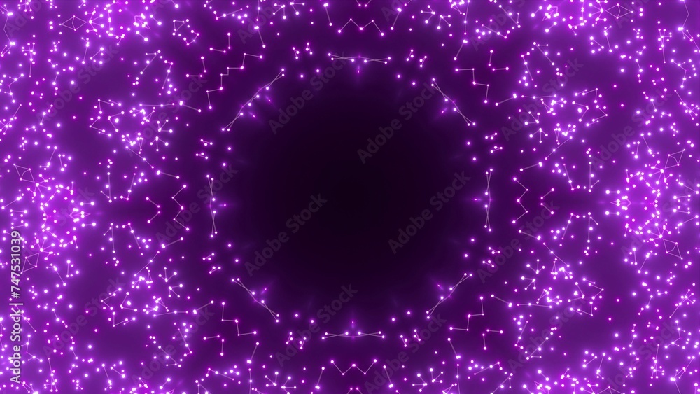 effektvolle futuristische violett leuchtende synchrone 3D-Linien mit Verbindungspunkten, kreisrund, Mittelpunkt, techniches Design, Fraktal, Muster, Geraden, Verbindungen, Internet, System
