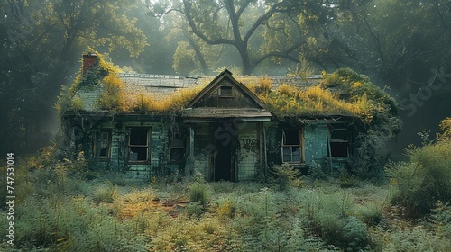 A single-level derelict house in a dense thicket. Generative AI.