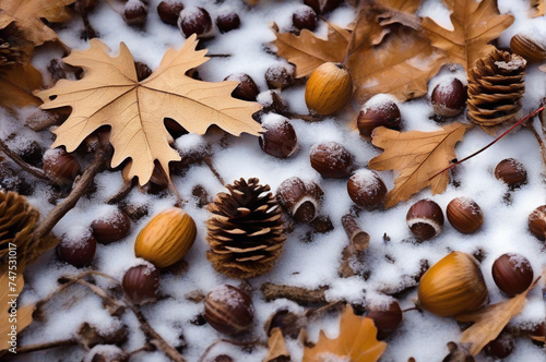 abstract background, oak leaves, acorns, forest, ground, autumn