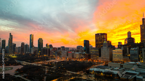 Aerial view of downtown city skyline of Chicago, Illinois, USA. Sunset 2024 © Joshua 