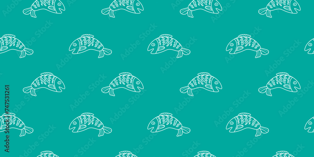 Seamless Pattern of Stylized White Fish on a Teal Background for Textile Design