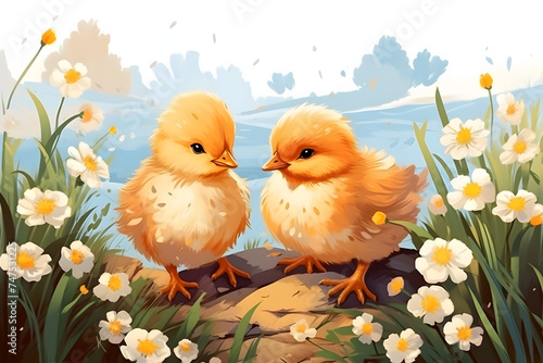 Two birds happily stand on a rock surrounded by flowers in a natural landscape